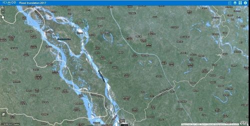 Based on the Flood Inundation Application, large parts of the western part of Paschim Champaran have faced flooding. In the image, light blue portions of the map show inundated areas. Source: Web Application, ICIMOD, 2017