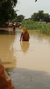 A woman wades through knee deep water in Naya Tola Bishambharpur Image by: Aparna Unni