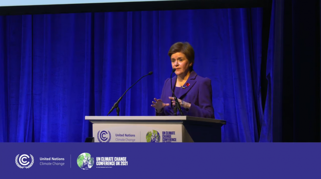 Nicola Sturgeon calling for wealthy countries to finance loss and damage as an act of reparations in COP26 UNFCCC side event co-hosted by Practical Action.